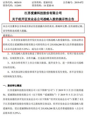 張家港經(jīng)開區(qū)戰(zhàn)略入股 擬成為愛康科技第二大股東